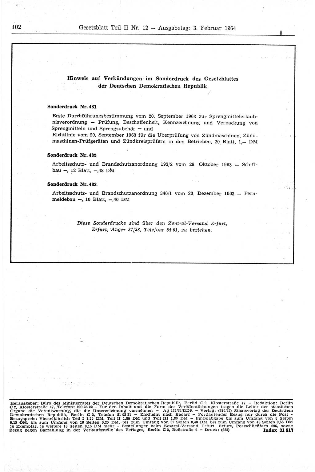 Gesetzblatt (GBl.) der Deutschen Demokratischen Republik (DDR) Teil ⅠⅠ 1964, Seite 102 (GBl. DDR ⅠⅠ 1964, S. 102)