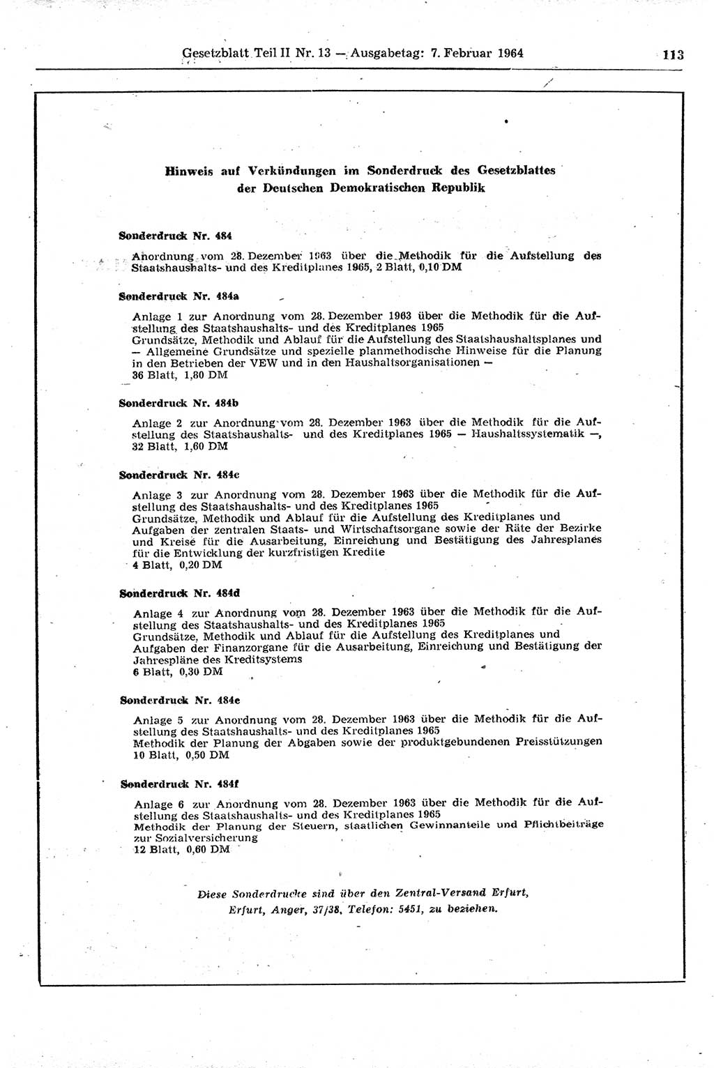 Gesetzblatt (GBl.) der Deutschen Demokratischen Republik (DDR) Teil ⅠⅠ 1964, Seite 113 (GBl. DDR ⅠⅠ 1964, S. 113)
