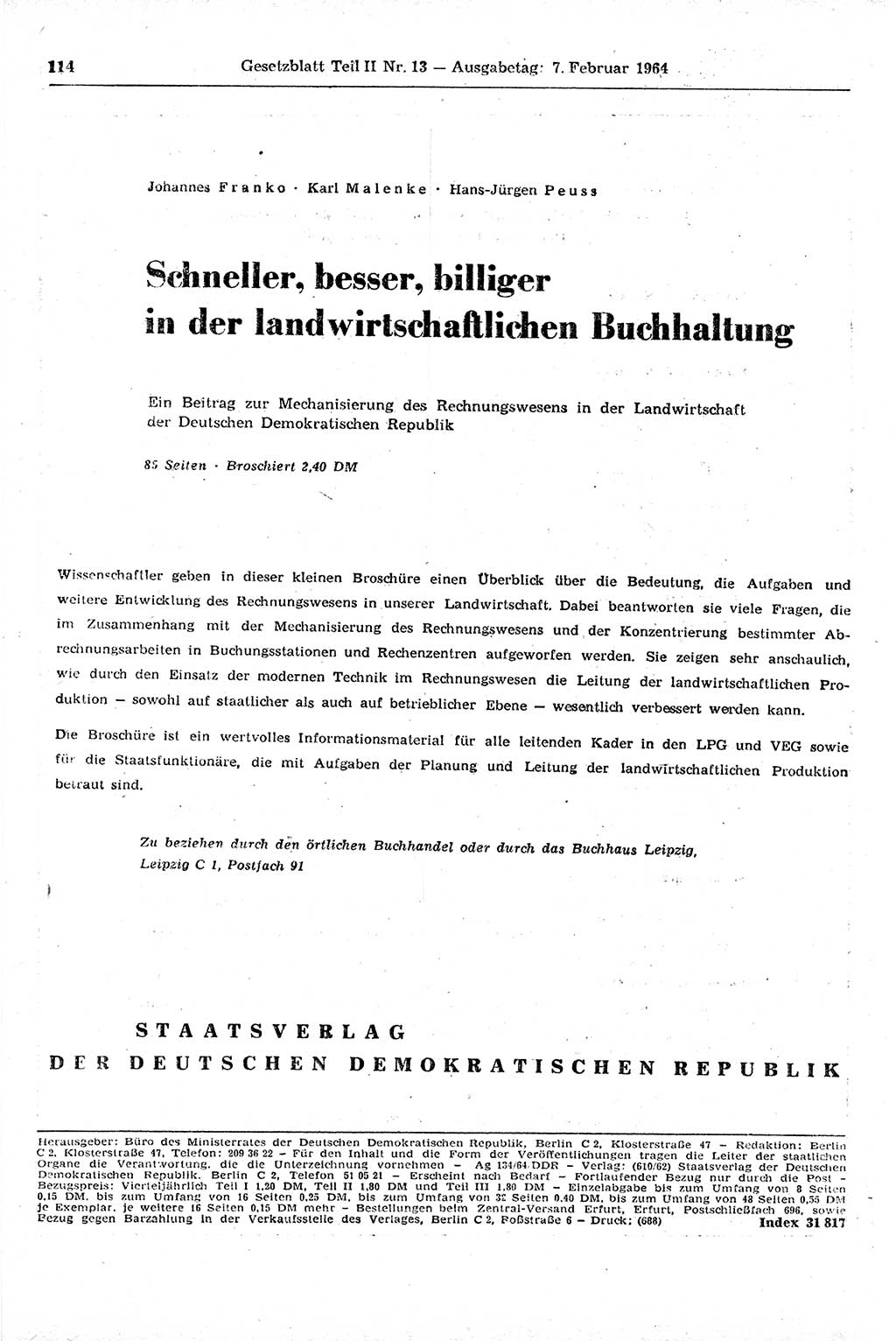 Gesetzblatt (GBl.) der Deutschen Demokratischen Republik (DDR) Teil ⅠⅠ 1964, Seite 114 (GBl. DDR ⅠⅠ 1964, S. 114)
