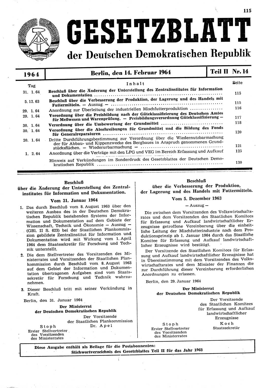 Gesetzblatt (GBl.) der Deutschen Demokratischen Republik (DDR) Teil ⅠⅠ 1964, Seite 115 (GBl. DDR ⅠⅠ 1964, S. 115)