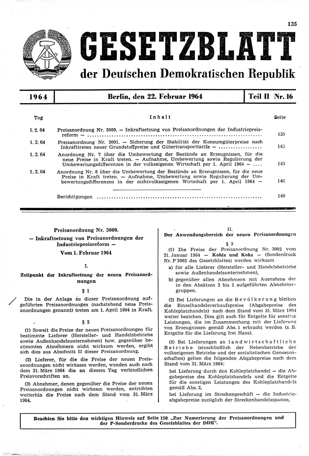 Gesetzblatt (GBl.) der Deutschen Demokratischen Republik (DDR) Teil ⅠⅠ 1964, Seite 135 (GBl. DDR ⅠⅠ 1964, S. 135)