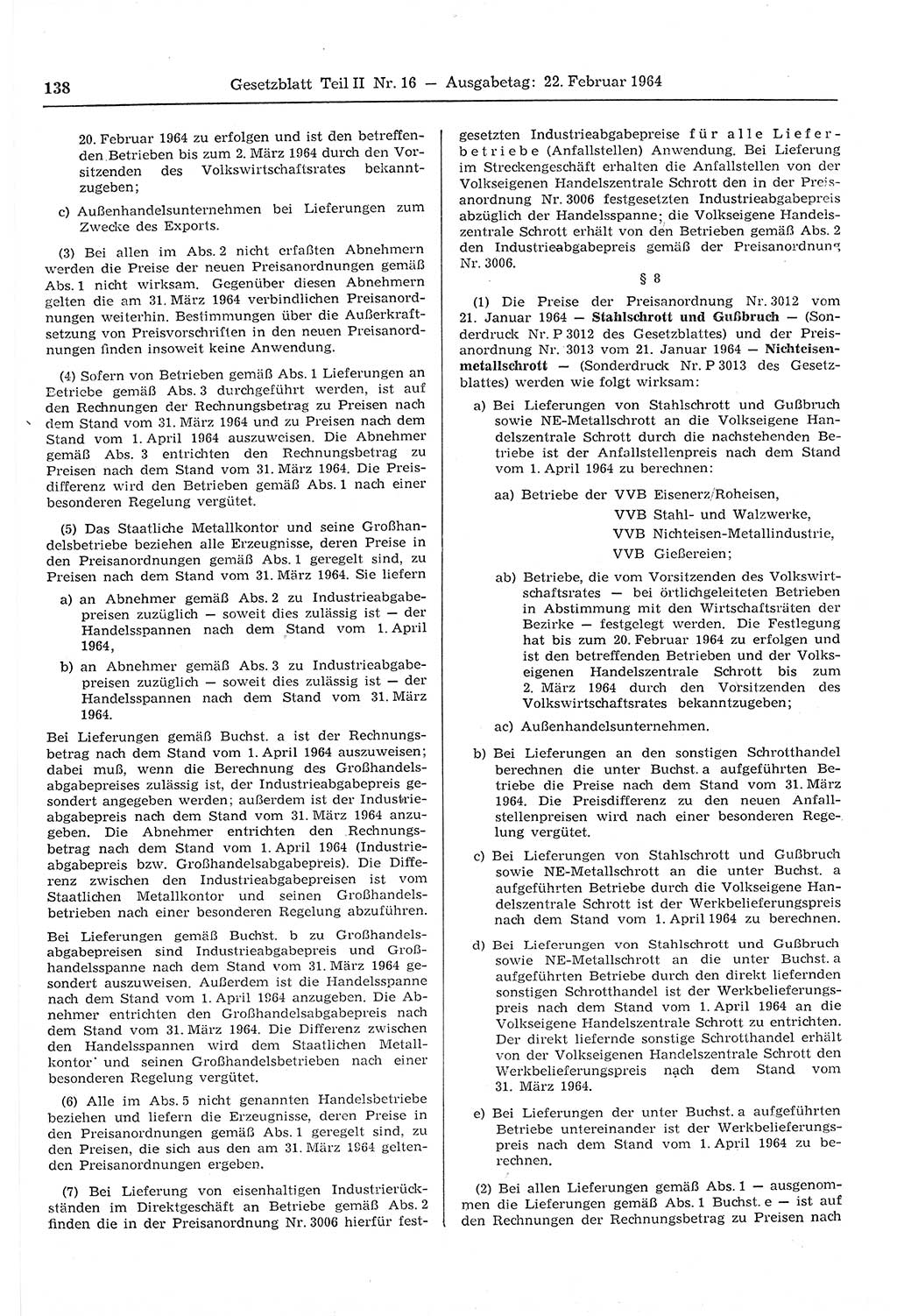Gesetzblatt (GBl.) der Deutschen Demokratischen Republik (DDR) Teil ⅠⅠ 1964, Seite 138 (GBl. DDR ⅠⅠ 1964, S. 138)