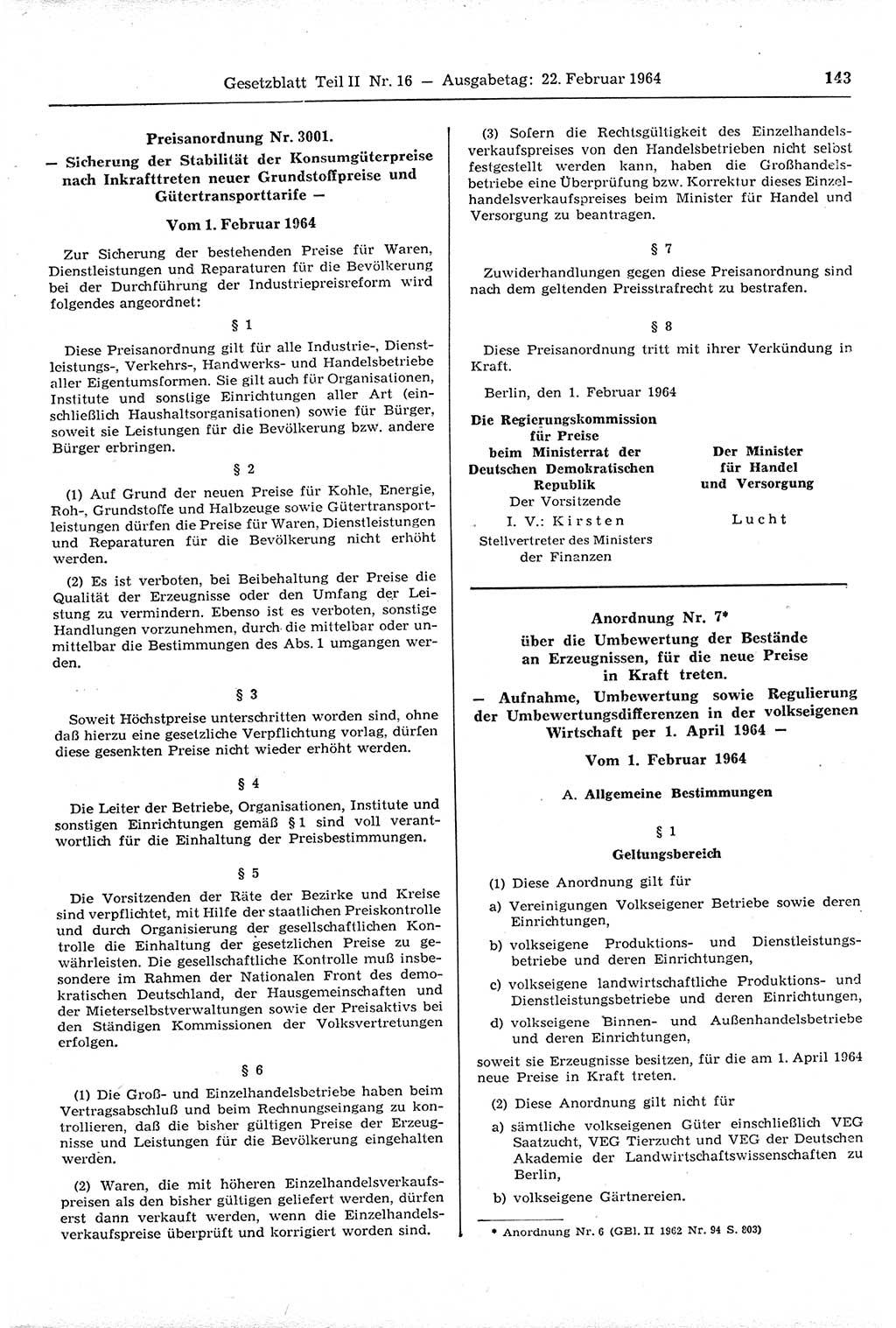 Gesetzblatt (GBl.) der Deutschen Demokratischen Republik (DDR) Teil ⅠⅠ 1964, Seite 143 (GBl. DDR ⅠⅠ 1964, S. 143)