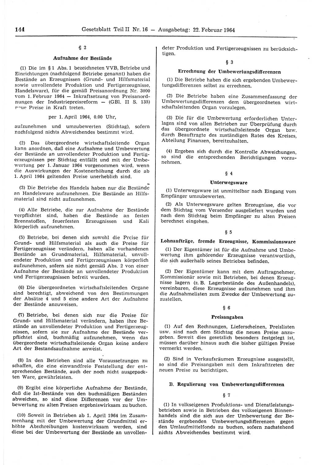 Gesetzblatt (GBl.) der Deutschen Demokratischen Republik (DDR) Teil ⅠⅠ 1964, Seite 144 (GBl. DDR ⅠⅠ 1964, S. 144)