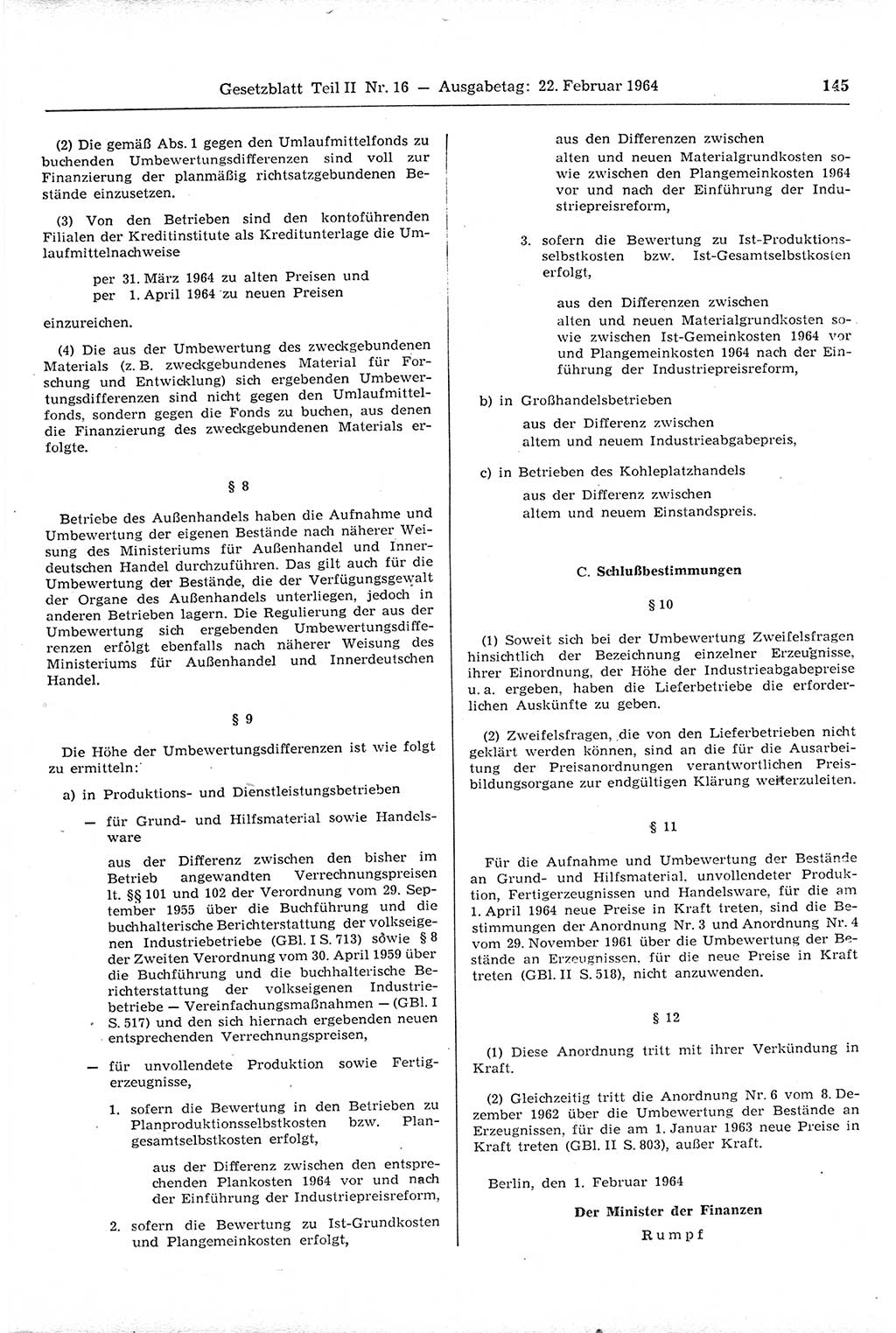Gesetzblatt (GBl.) der Deutschen Demokratischen Republik (DDR) Teil ⅠⅠ 1964, Seite 145 (GBl. DDR ⅠⅠ 1964, S. 145)