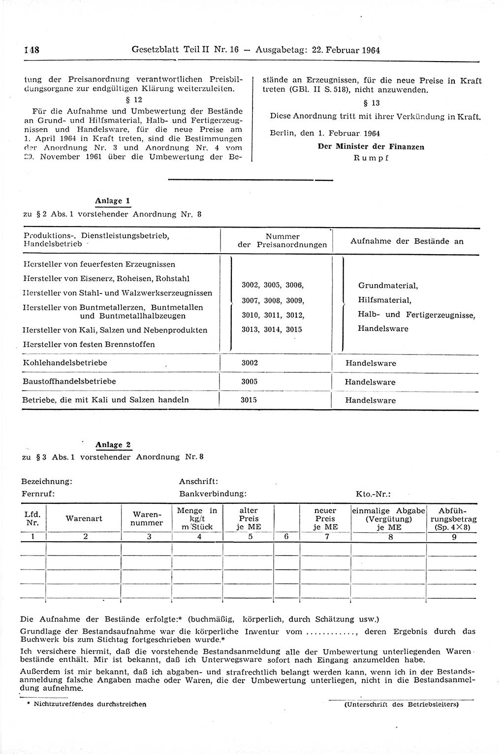 Gesetzblatt (GBl.) der Deutschen Demokratischen Republik (DDR) Teil ⅠⅠ 1964, Seite 148 (GBl. DDR ⅠⅠ 1964, S. 148)