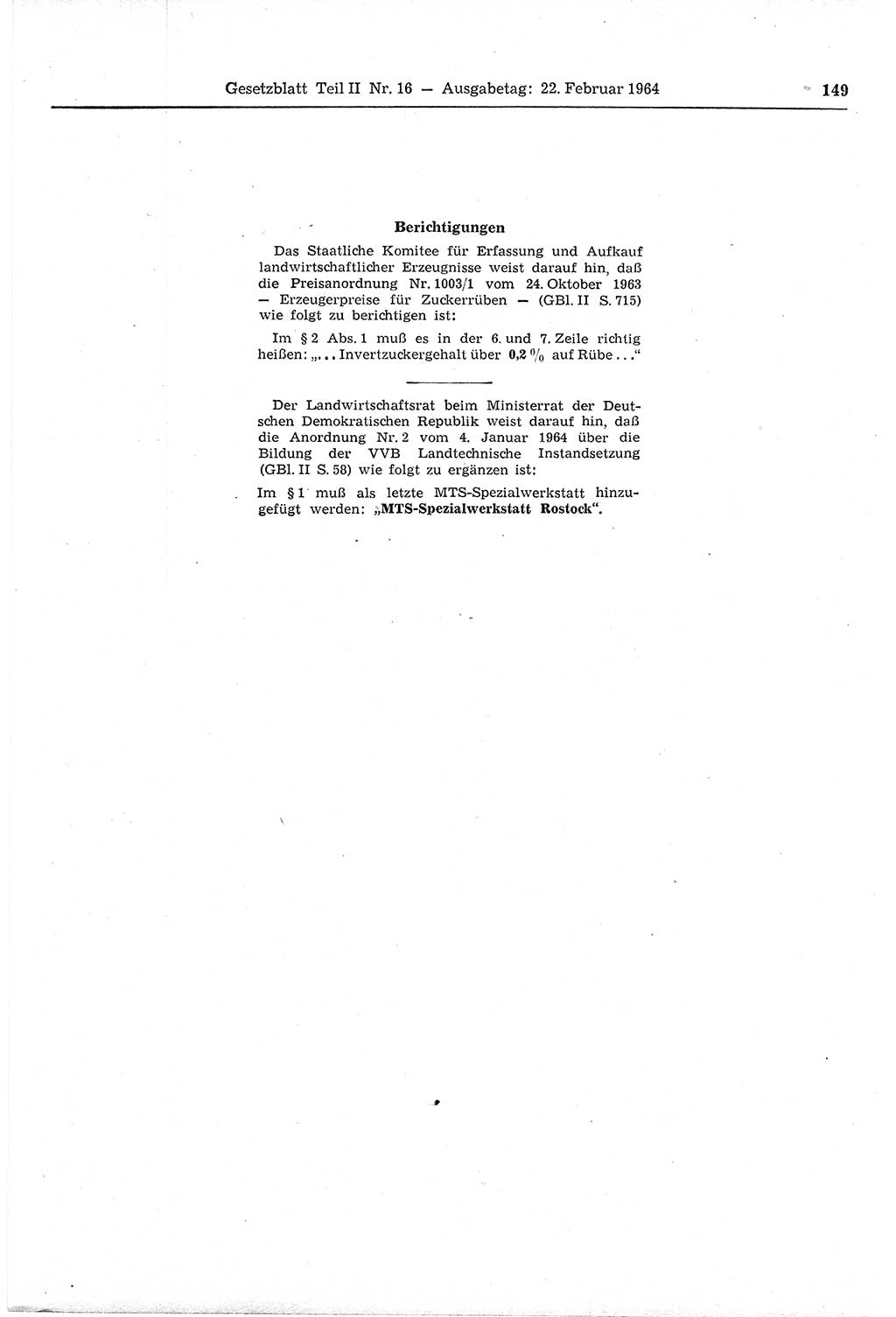 Gesetzblatt (GBl.) der Deutschen Demokratischen Republik (DDR) Teil ⅠⅠ 1964, Seite 149 (GBl. DDR ⅠⅠ 1964, S. 149)