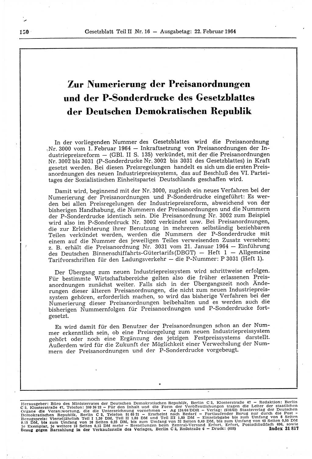 Gesetzblatt (GBl.) der Deutschen Demokratischen Republik (DDR) Teil ⅠⅠ 1964, Seite 150 (GBl. DDR ⅠⅠ 1964, S. 150)