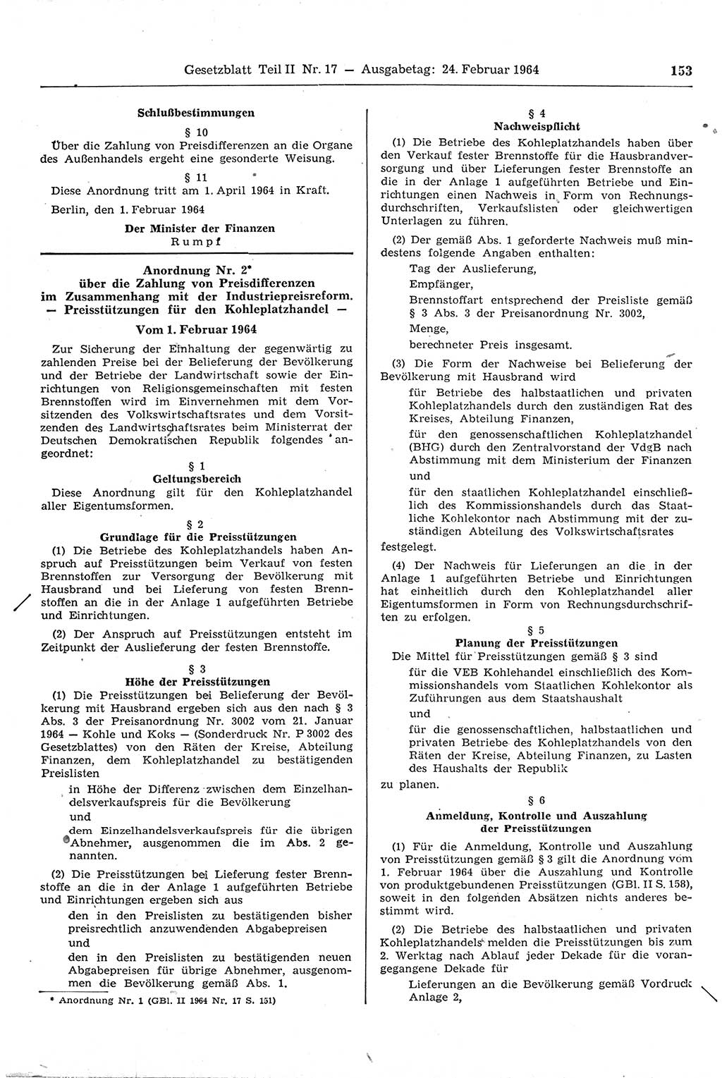 Gesetzblatt (GBl.) der Deutschen Demokratischen Republik (DDR) Teil ⅠⅠ 1964, Seite 153 (GBl. DDR ⅠⅠ 1964, S. 153)