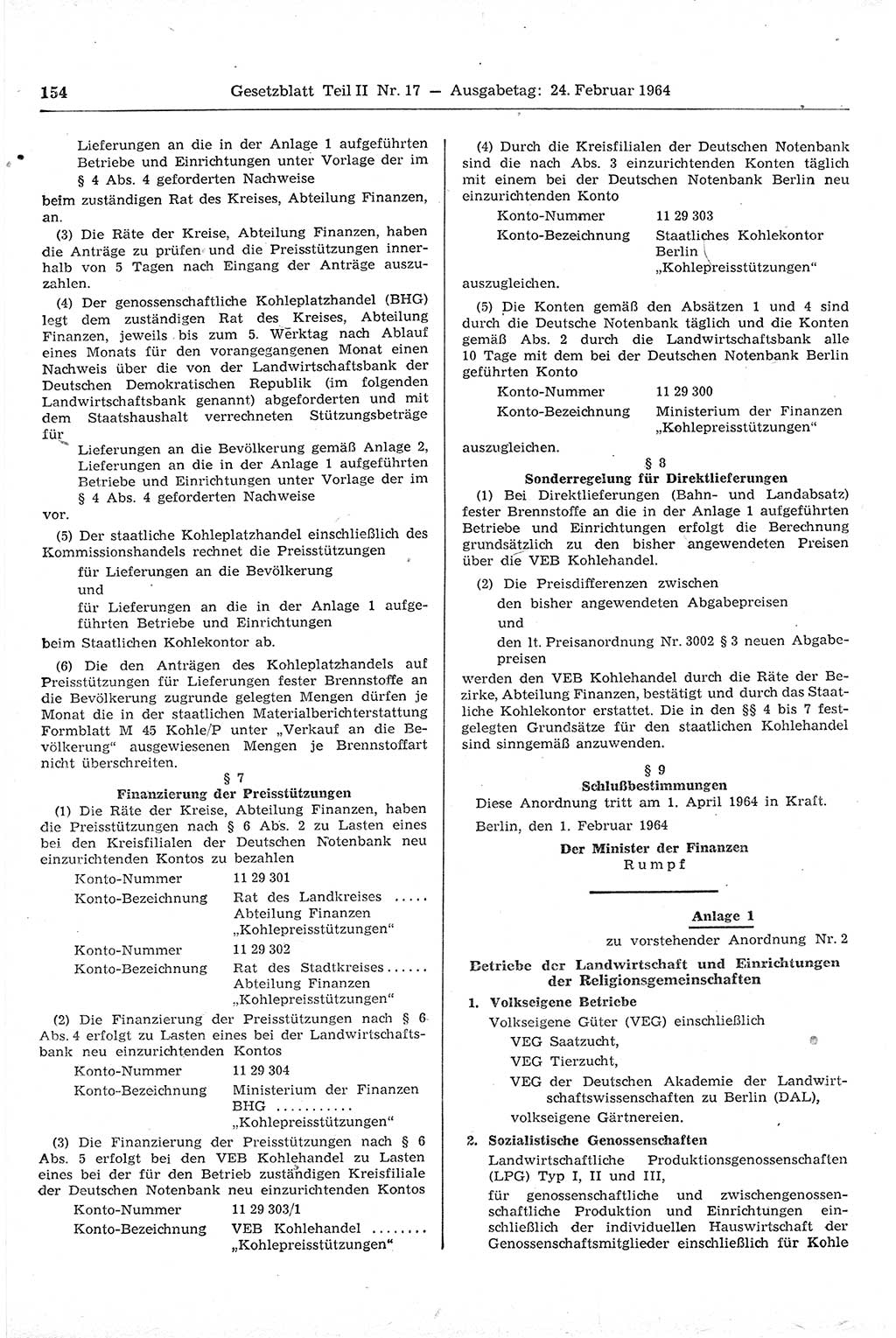 Gesetzblatt (GBl.) der Deutschen Demokratischen Republik (DDR) Teil ⅠⅠ 1964, Seite 154 (GBl. DDR ⅠⅠ 1964, S. 154)