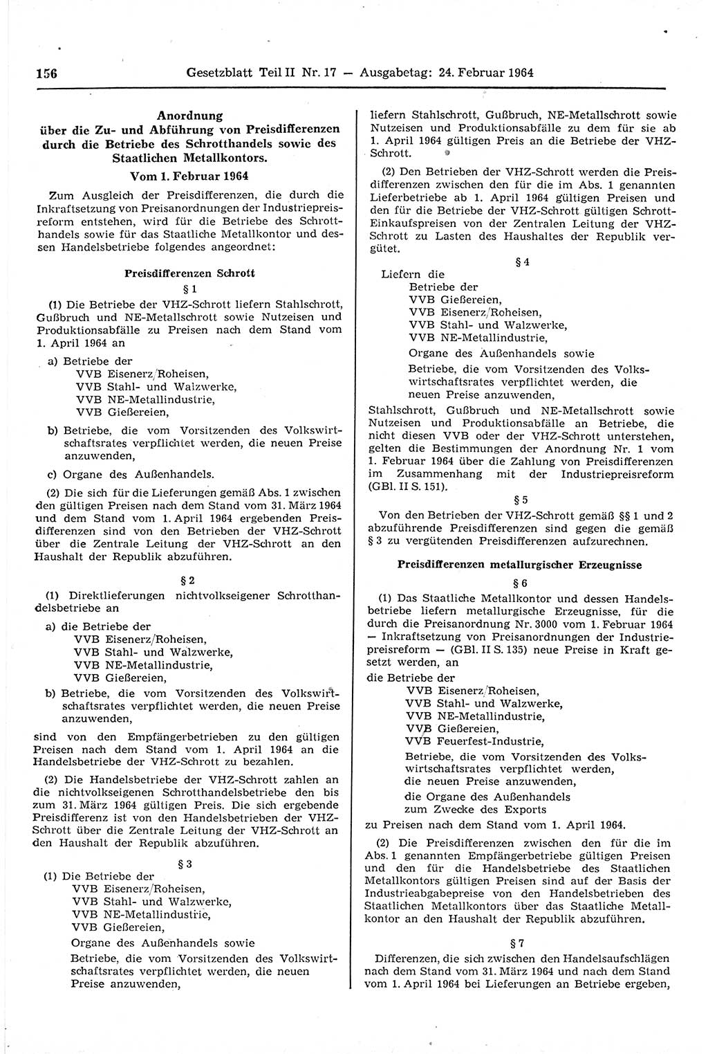 Gesetzblatt (GBl.) der Deutschen Demokratischen Republik (DDR) Teil ⅠⅠ 1964, Seite 156 (GBl. DDR ⅠⅠ 1964, S. 156)