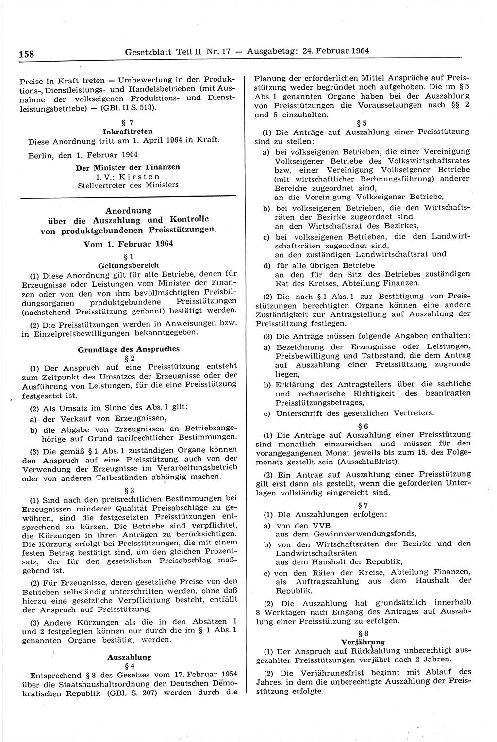 Gesetzblatt (GBl.) der Deutschen Demokratischen Republik (DDR) Teil ⅠⅠ 1964, Seite 158 (GBl. DDR ⅠⅠ 1964, S. 158)