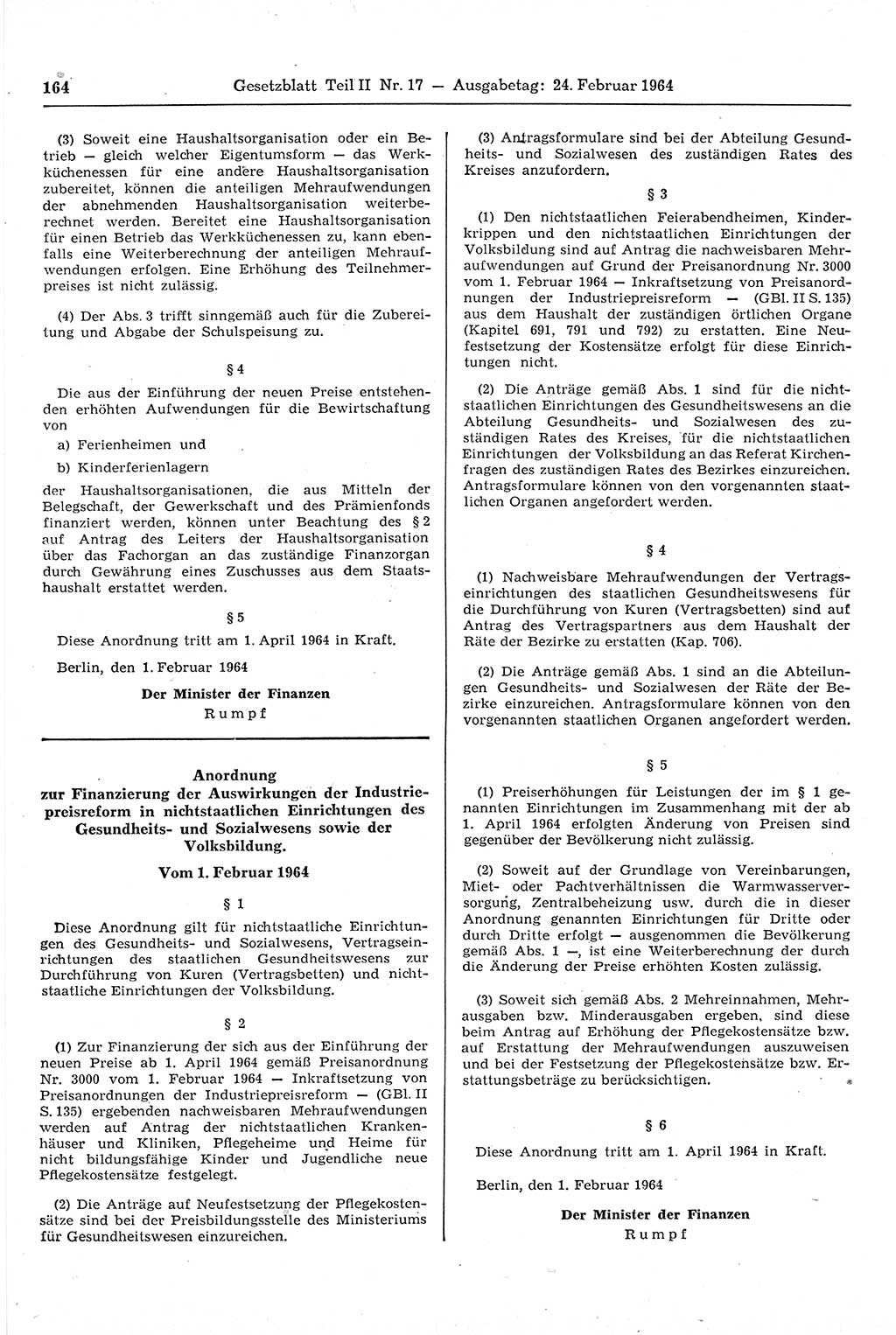 Gesetzblatt (GBl.) der Deutschen Demokratischen Republik (DDR) Teil ⅠⅠ 1964, Seite 164 (GBl. DDR ⅠⅠ 1964, S. 164)