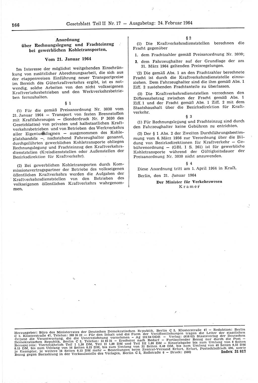 Gesetzblatt (GBl.) der Deutschen Demokratischen Republik (DDR) Teil ⅠⅠ 1964, Seite 166 (GBl. DDR ⅠⅠ 1964, S. 166)