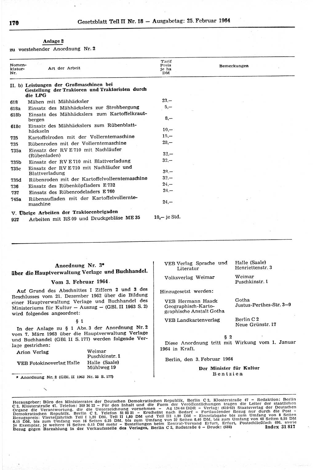 Gesetzblatt (GBl.) der Deutschen Demokratischen Republik (DDR) Teil ⅠⅠ 1964, Seite 170 (GBl. DDR ⅠⅠ 1964, S. 170)