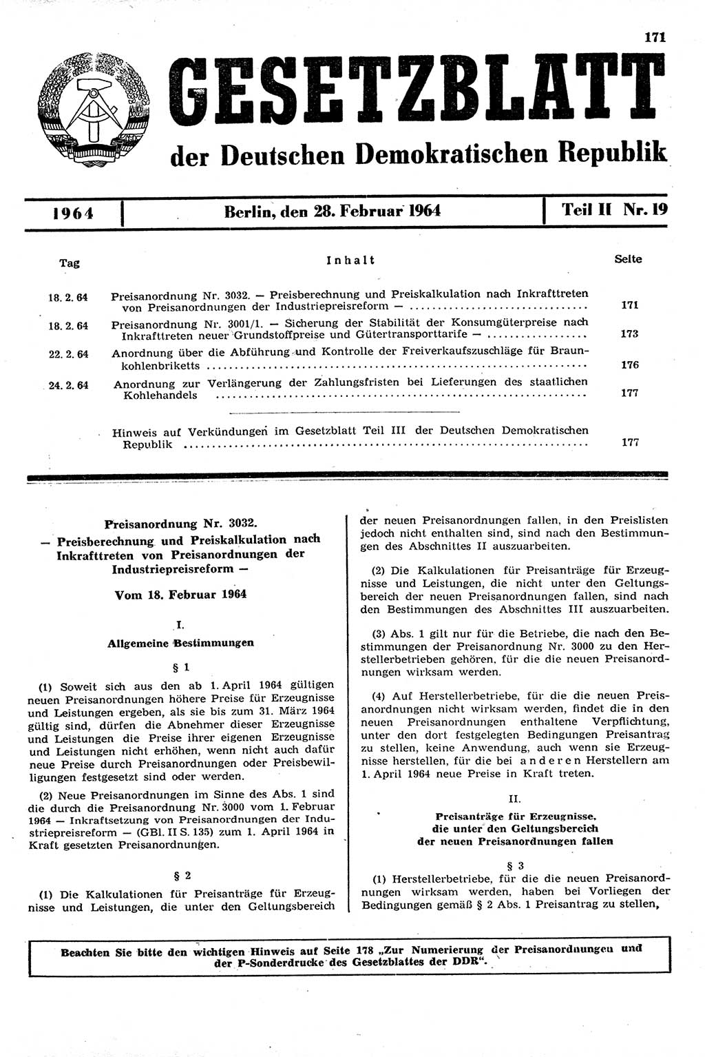 Gesetzblatt (GBl.) der Deutschen Demokratischen Republik (DDR) Teil ⅠⅠ 1964, Seite 171 (GBl. DDR ⅠⅠ 1964, S. 171)