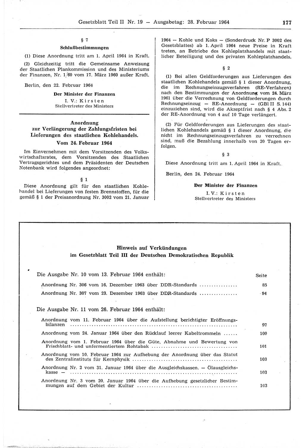Gesetzblatt (GBl.) der Deutschen Demokratischen Republik (DDR) Teil ⅠⅠ 1964, Seite 177 (GBl. DDR ⅠⅠ 1964, S. 177)