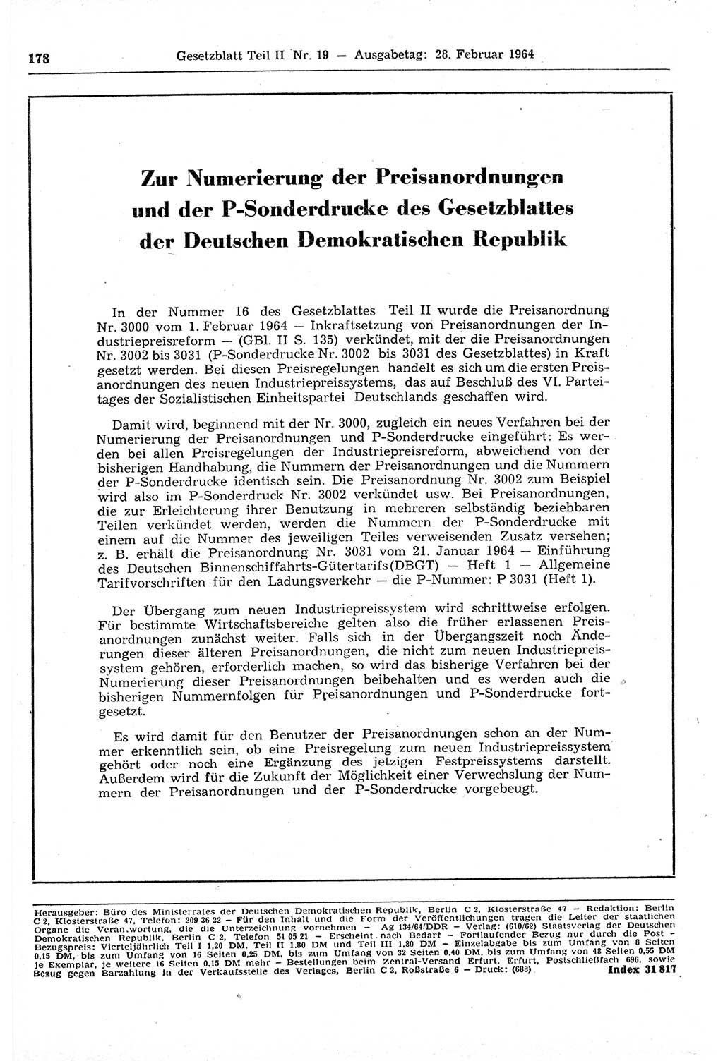 Gesetzblatt (GBl.) der Deutschen Demokratischen Republik (DDR) Teil ⅠⅠ 1964, Seite 178 (GBl. DDR ⅠⅠ 1964, S. 178)