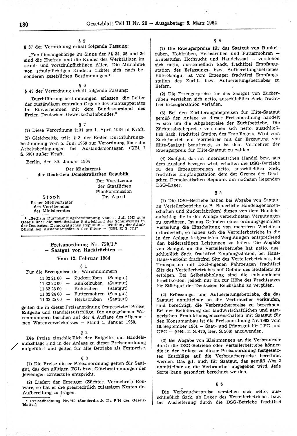 Gesetzblatt (GBl.) der Deutschen Demokratischen Republik (DDR) Teil ⅠⅠ 1964, Seite 180 (GBl. DDR ⅠⅠ 1964, S. 180)