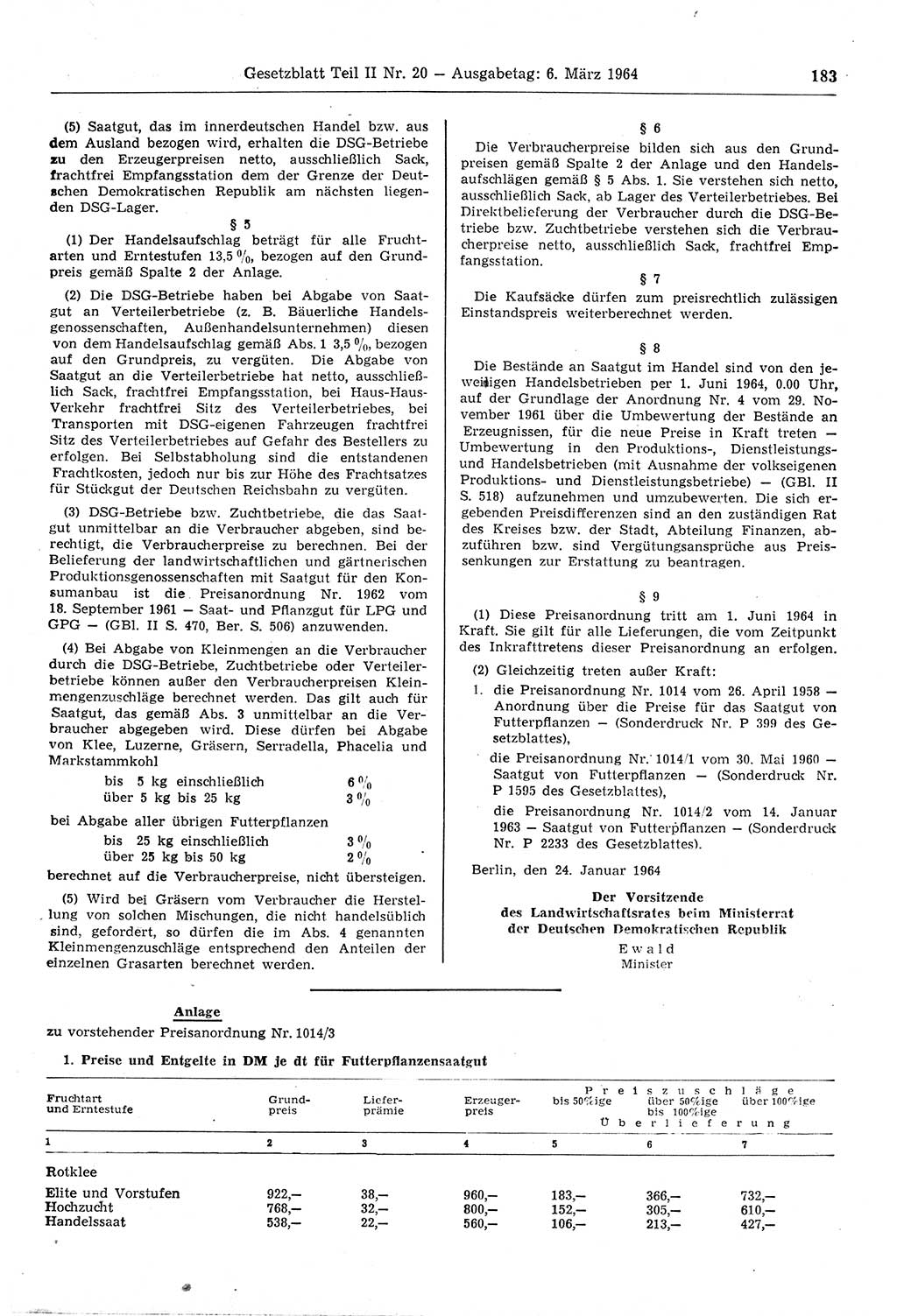 Gesetzblatt (GBl.) der Deutschen Demokratischen Republik (DDR) Teil ⅠⅠ 1964, Seite 183 (GBl. DDR ⅠⅠ 1964, S. 183)