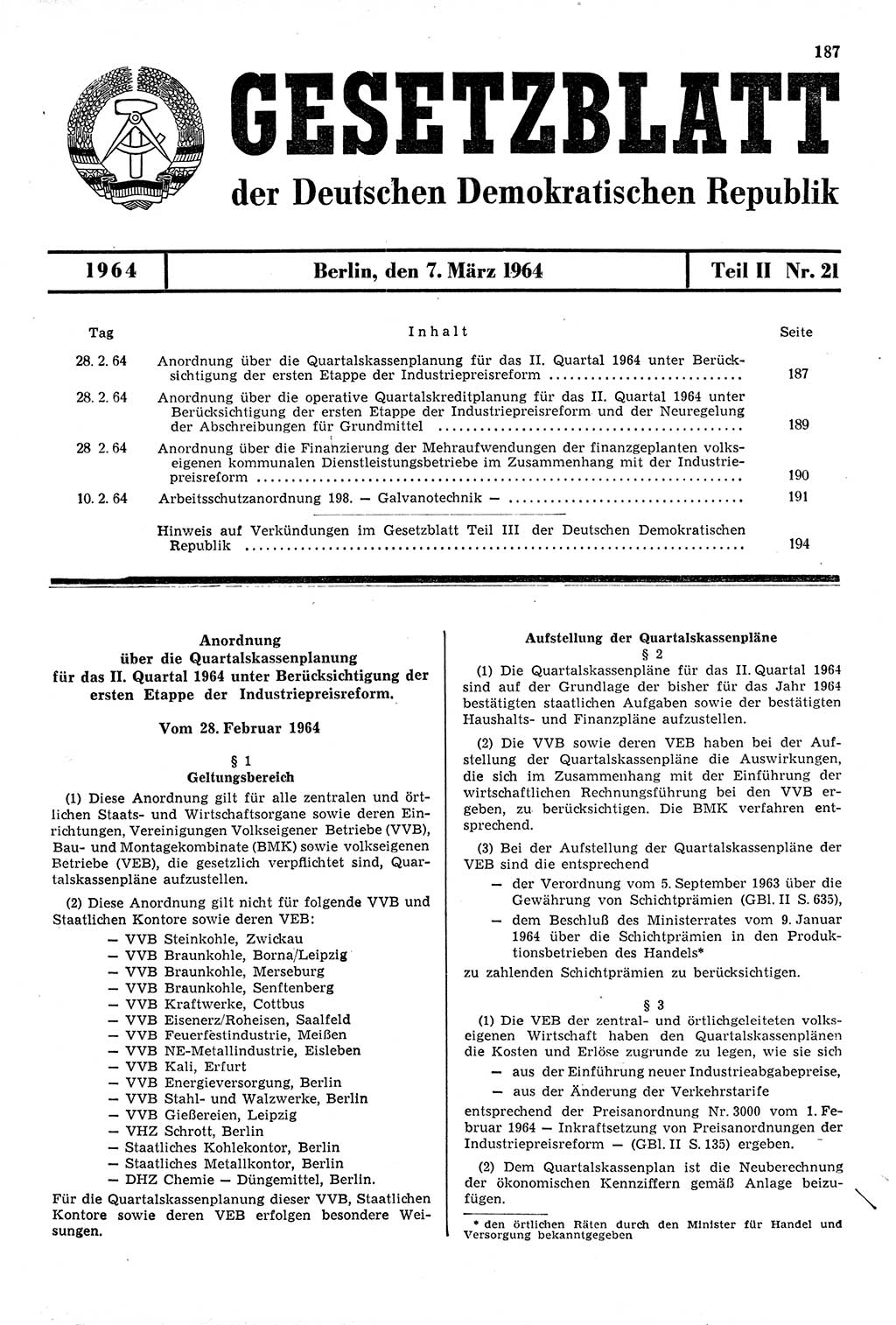 Gesetzblatt (GBl.) der Deutschen Demokratischen Republik (DDR) Teil ⅠⅠ 1964, Seite 187 (GBl. DDR ⅠⅠ 1964, S. 187)