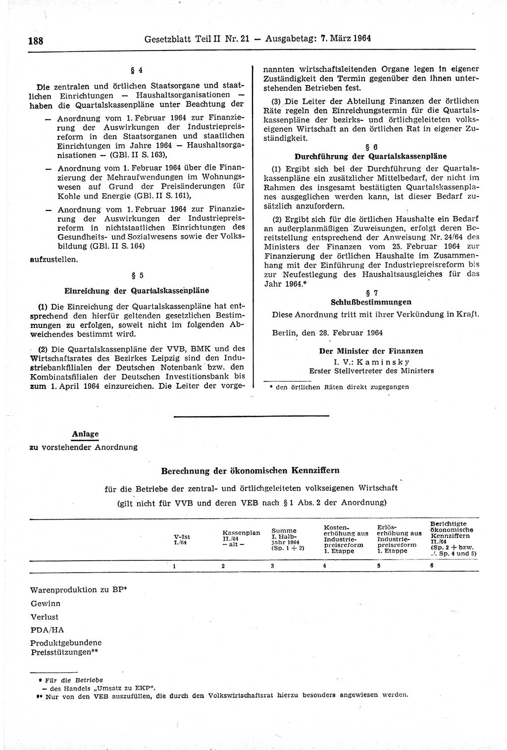 Gesetzblatt (GBl.) der Deutschen Demokratischen Republik (DDR) Teil ⅠⅠ 1964, Seite 188 (GBl. DDR ⅠⅠ 1964, S. 188)