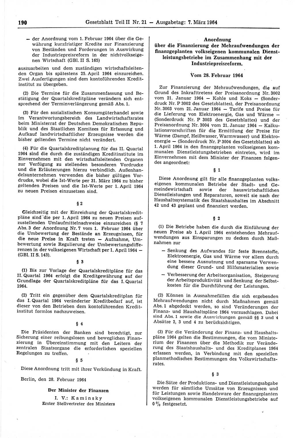 Gesetzblatt (GBl.) der Deutschen Demokratischen Republik (DDR) Teil ⅠⅠ 1964, Seite 190 (GBl. DDR ⅠⅠ 1964, S. 190)
