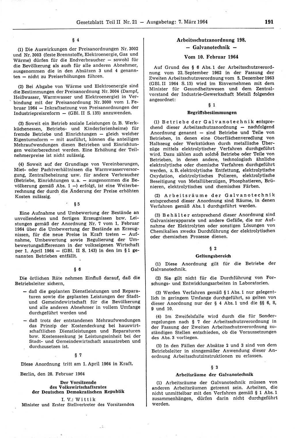 Gesetzblatt (GBl.) der Deutschen Demokratischen Republik (DDR) Teil ⅠⅠ 1964, Seite 191 (GBl. DDR ⅠⅠ 1964, S. 191)