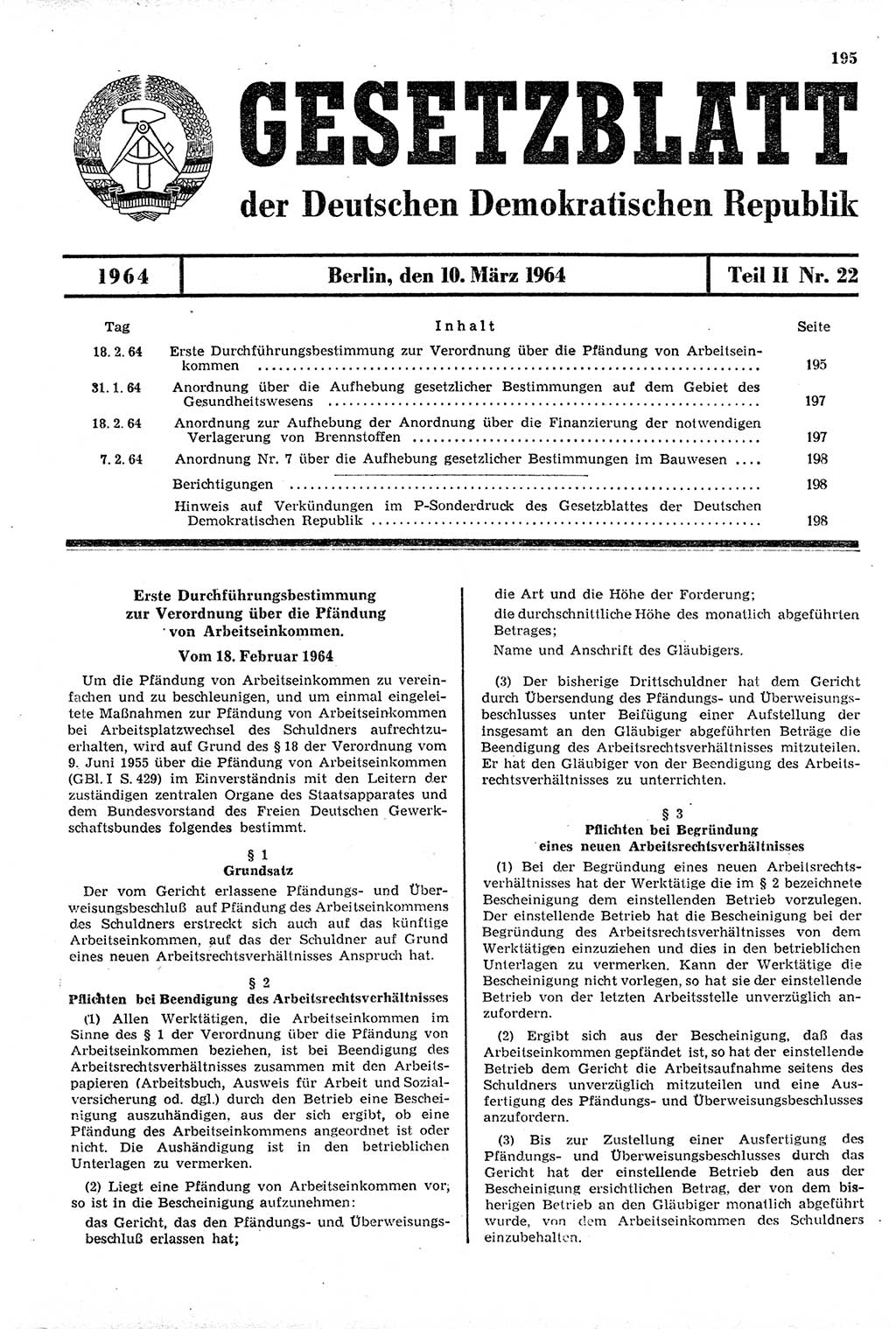 Gesetzblatt (GBl.) der Deutschen Demokratischen Republik (DDR) Teil ⅠⅠ 1964, Seite 195 (GBl. DDR ⅠⅠ 1964, S. 195)
