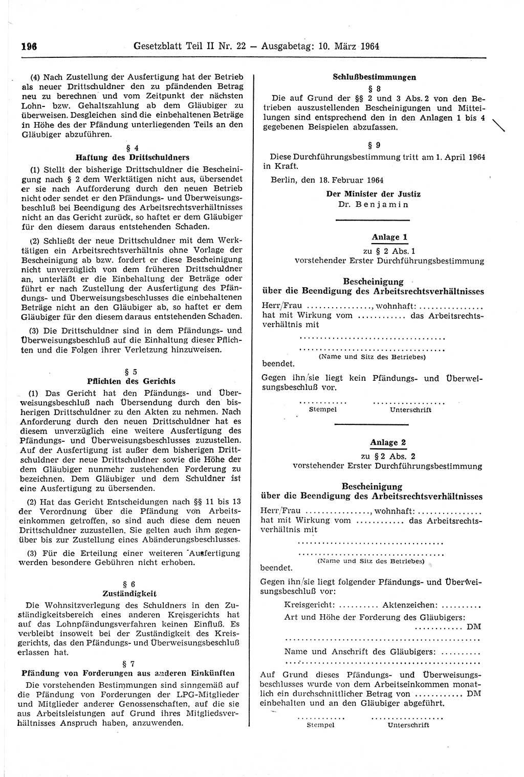Gesetzblatt (GBl.) der Deutschen Demokratischen Republik (DDR) Teil ⅠⅠ 1964, Seite 196 (GBl. DDR ⅠⅠ 1964, S. 196)