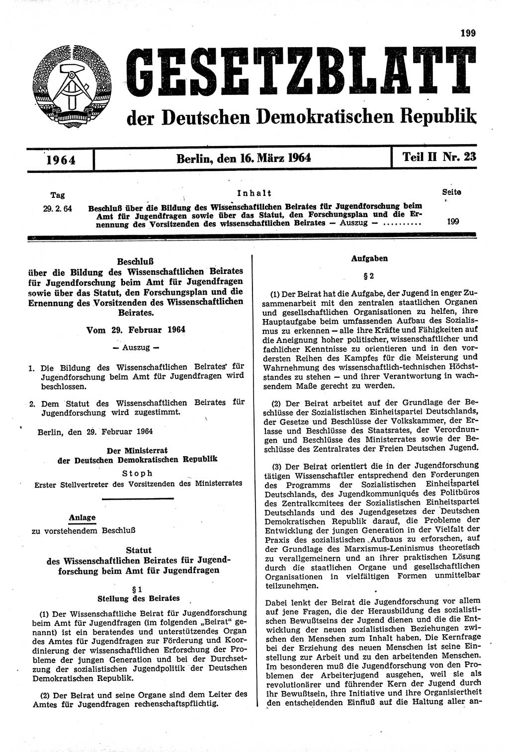 Gesetzblatt (GBl.) der Deutschen Demokratischen Republik (DDR) Teil ⅠⅠ 1964, Seite 199 (GBl. DDR ⅠⅠ 1964, S. 199)