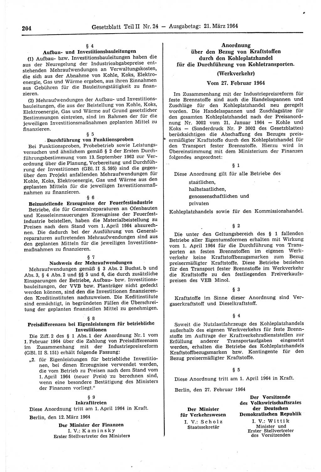 Gesetzblatt (GBl.) der Deutschen Demokratischen Republik (DDR) Teil ⅠⅠ 1964, Seite 204 (GBl. DDR ⅠⅠ 1964, S. 204)