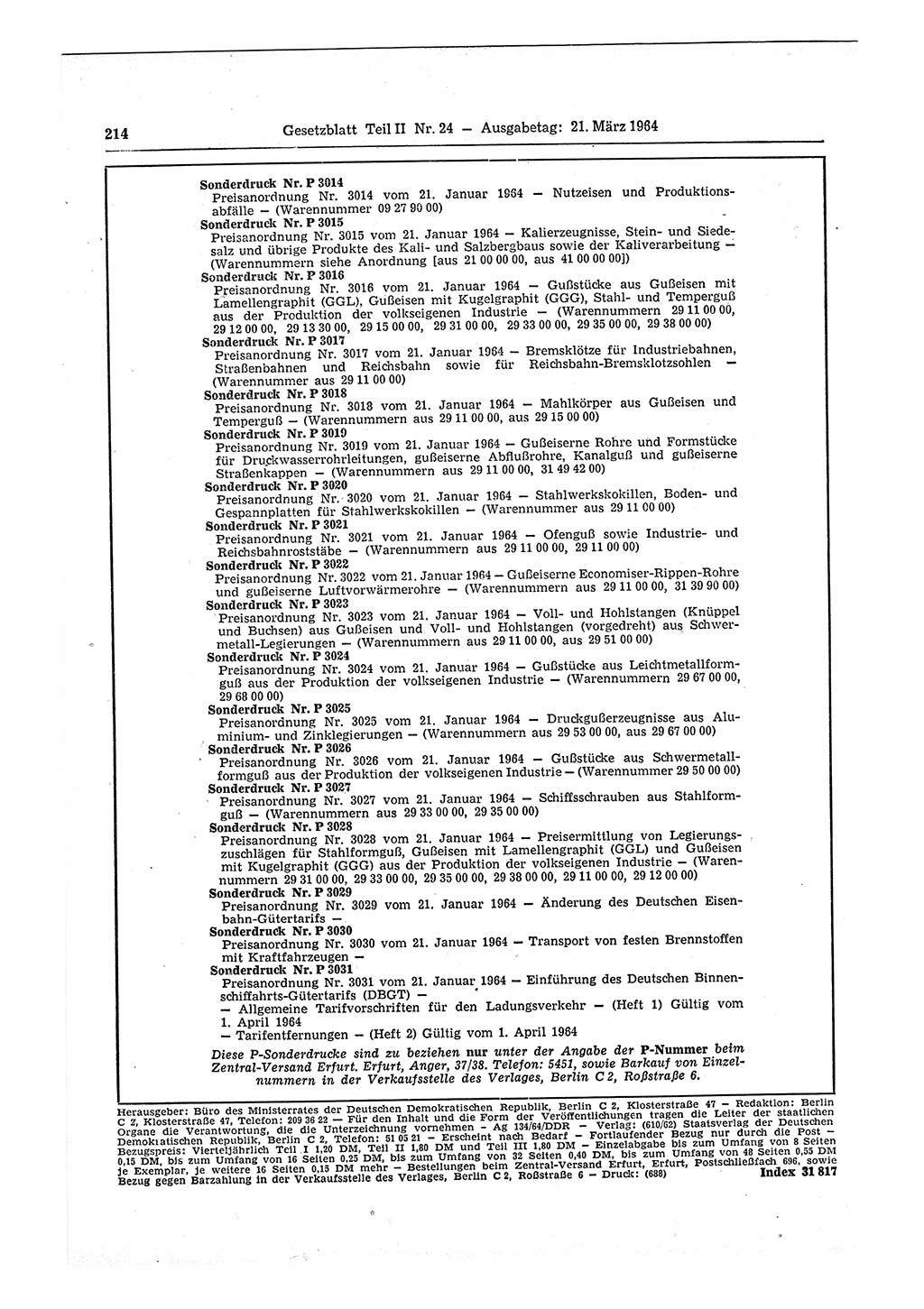 Gesetzblatt (GBl.) der Deutschen Demokratischen Republik (DDR) Teil ⅠⅠ 1964, Seite 214 (GBl. DDR ⅠⅠ 1964, S. 214)