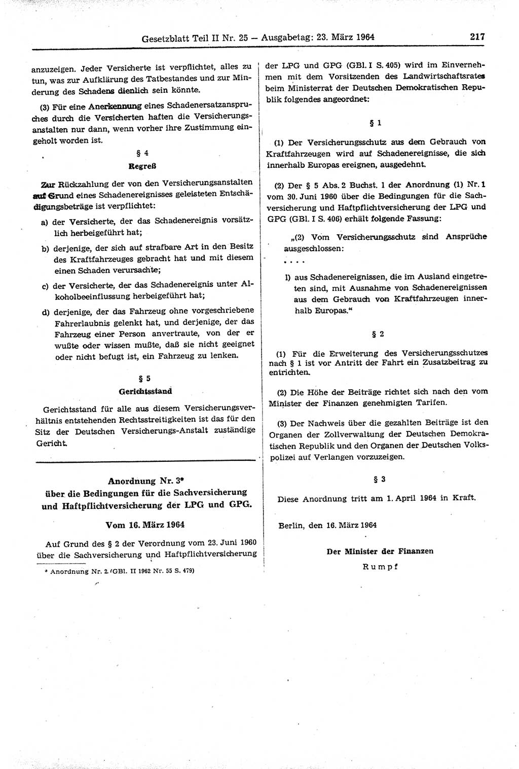 Gesetzblatt (GBl.) der Deutschen Demokratischen Republik (DDR) Teil ⅠⅠ 1964, Seite 217 (GBl. DDR ⅠⅠ 1964, S. 217)