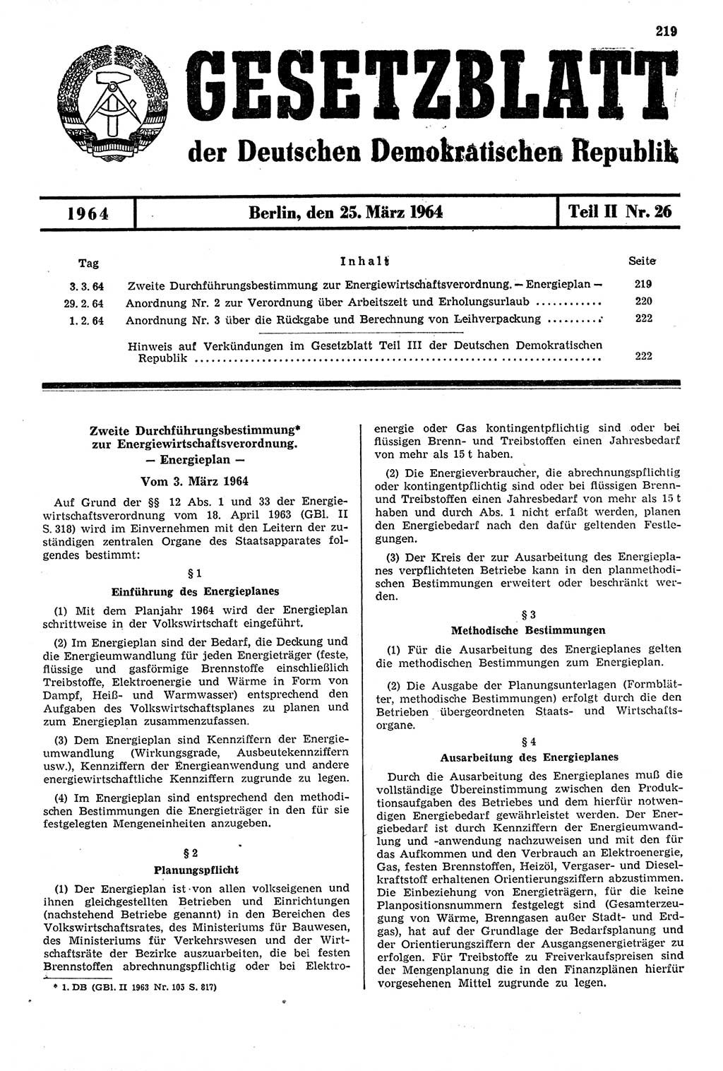 Gesetzblatt (GBl.) der Deutschen Demokratischen Republik (DDR) Teil ⅠⅠ 1964, Seite 219 (GBl. DDR ⅠⅠ 1964, S. 219)