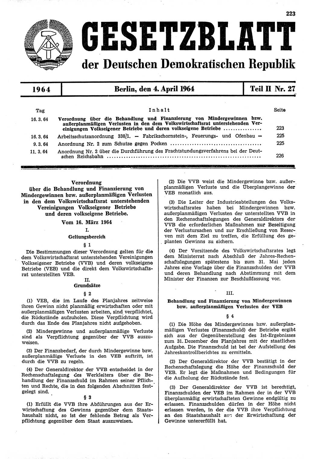 Gesetzblatt (GBl.) der Deutschen Demokratischen Republik (DDR) Teil ⅠⅠ 1964, Seite 223 (GBl. DDR ⅠⅠ 1964, S. 223)