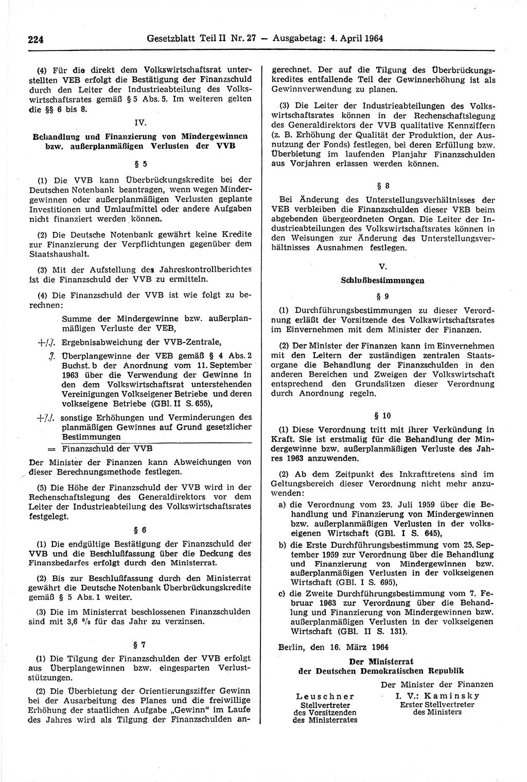 Gesetzblatt (GBl.) der Deutschen Demokratischen Republik (DDR) Teil ⅠⅠ 1964, Seite 224 (GBl. DDR ⅠⅠ 1964, S. 224)