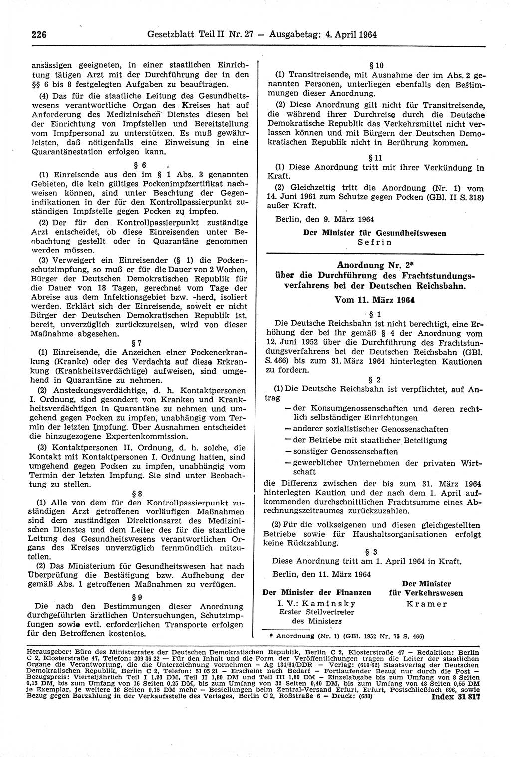 Gesetzblatt (GBl.) der Deutschen Demokratischen Republik (DDR) Teil ⅠⅠ 1964, Seite 226 (GBl. DDR ⅠⅠ 1964, S. 226)