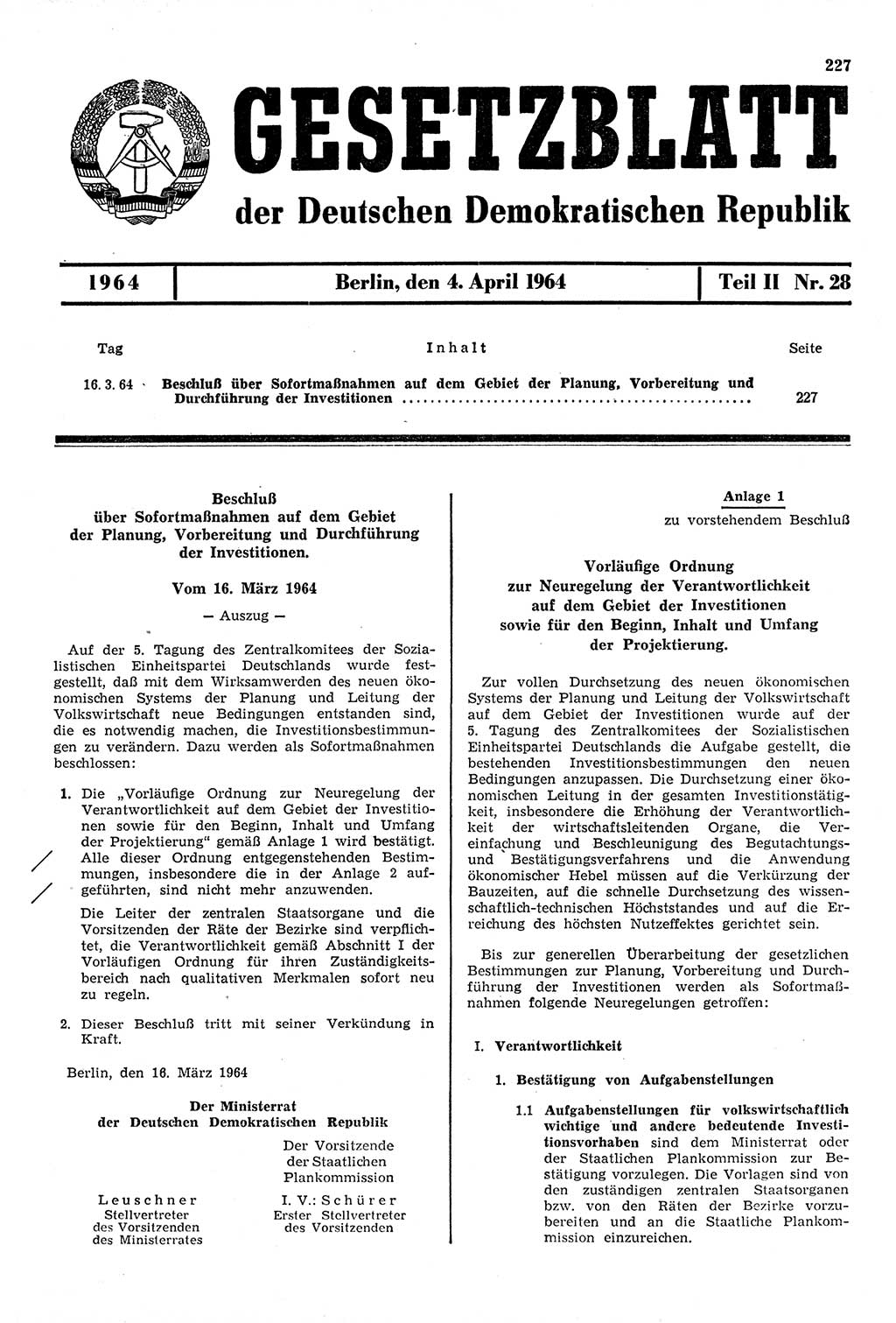 Gesetzblatt (GBl.) der Deutschen Demokratischen Republik (DDR) Teil ⅠⅠ 1964, Seite 227 (GBl. DDR ⅠⅠ 1964, S. 227)