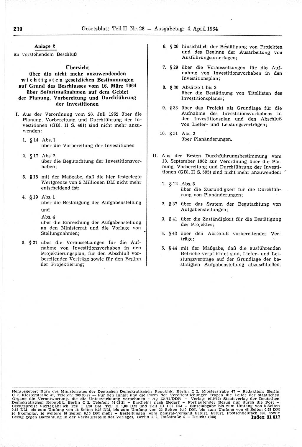 Gesetzblatt (GBl.) der Deutschen Demokratischen Republik (DDR) Teil ⅠⅠ 1964, Seite 230 (GBl. DDR ⅠⅠ 1964, S. 230)