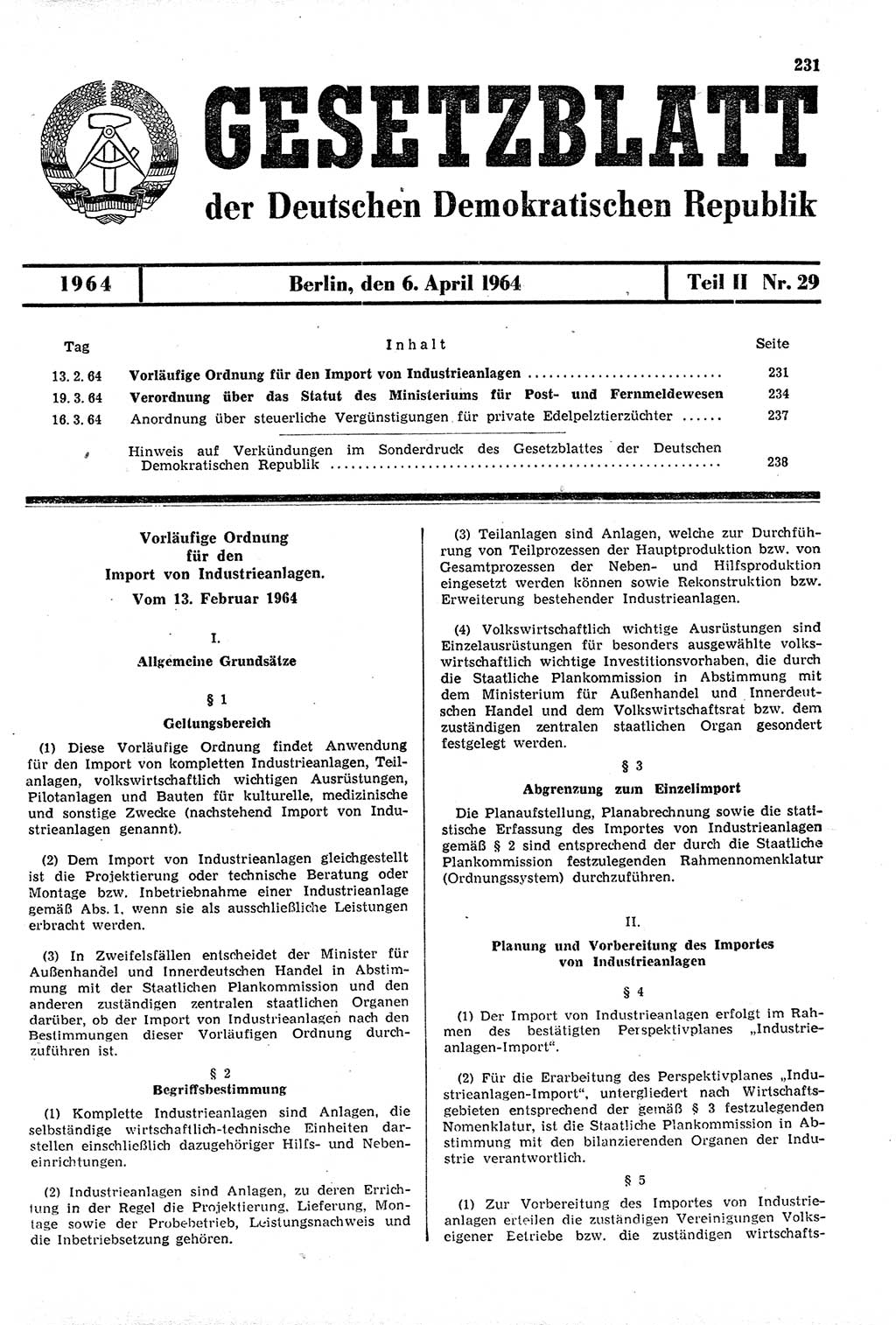 Gesetzblatt (GBl.) der Deutschen Demokratischen Republik (DDR) Teil ⅠⅠ 1964, Seite 231 (GBl. DDR ⅠⅠ 1964, S. 231)
