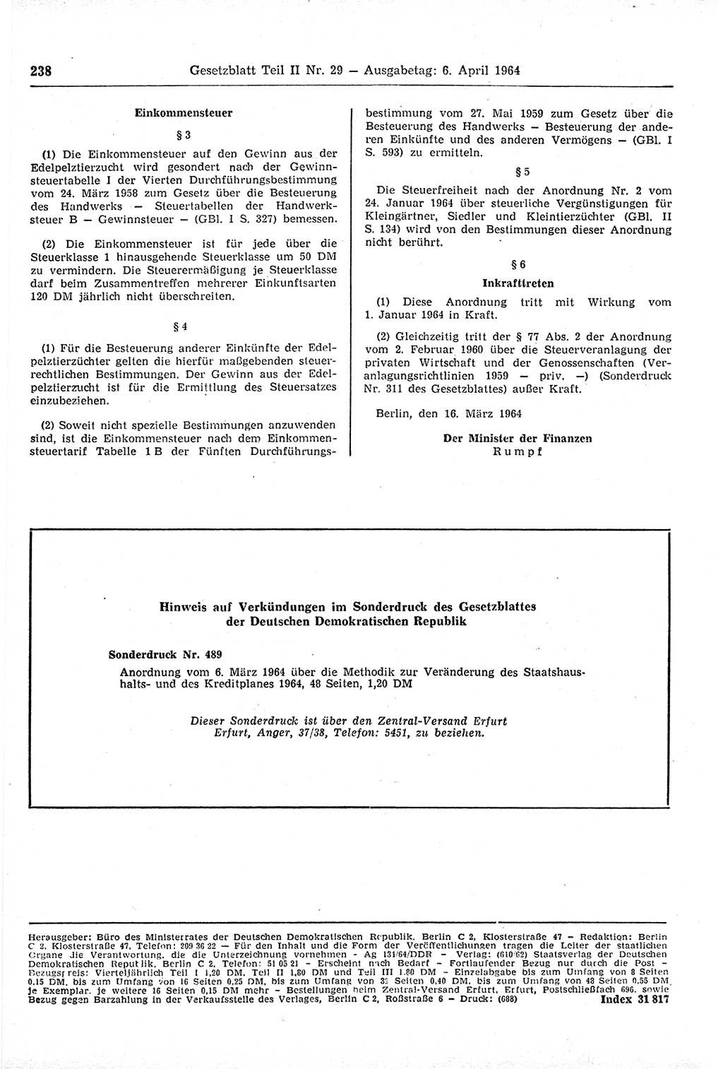 Gesetzblatt (GBl.) der Deutschen Demokratischen Republik (DDR) Teil ⅠⅠ 1964, Seite 238 (GBl. DDR ⅠⅠ 1964, S. 238)