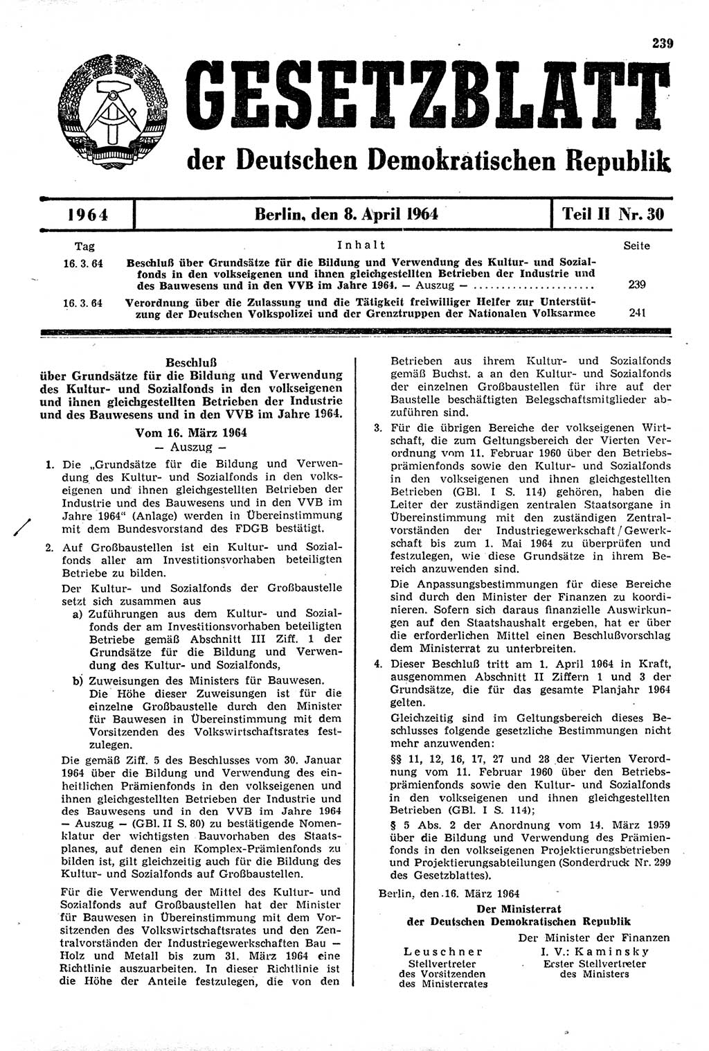 Gesetzblatt (GBl.) der Deutschen Demokratischen Republik (DDR) Teil ⅠⅠ 1964, Seite 239 (GBl. DDR ⅠⅠ 1964, S. 239)
