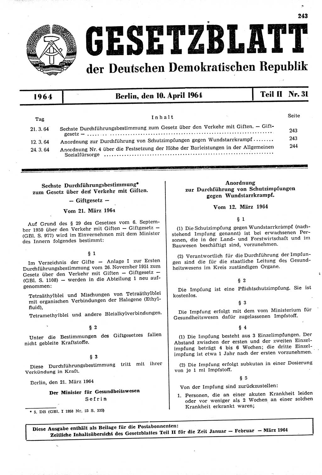 Gesetzblatt (GBl.) der Deutschen Demokratischen Republik (DDR) Teil ⅠⅠ 1964, Seite 243 (GBl. DDR ⅠⅠ 1964, S. 243)