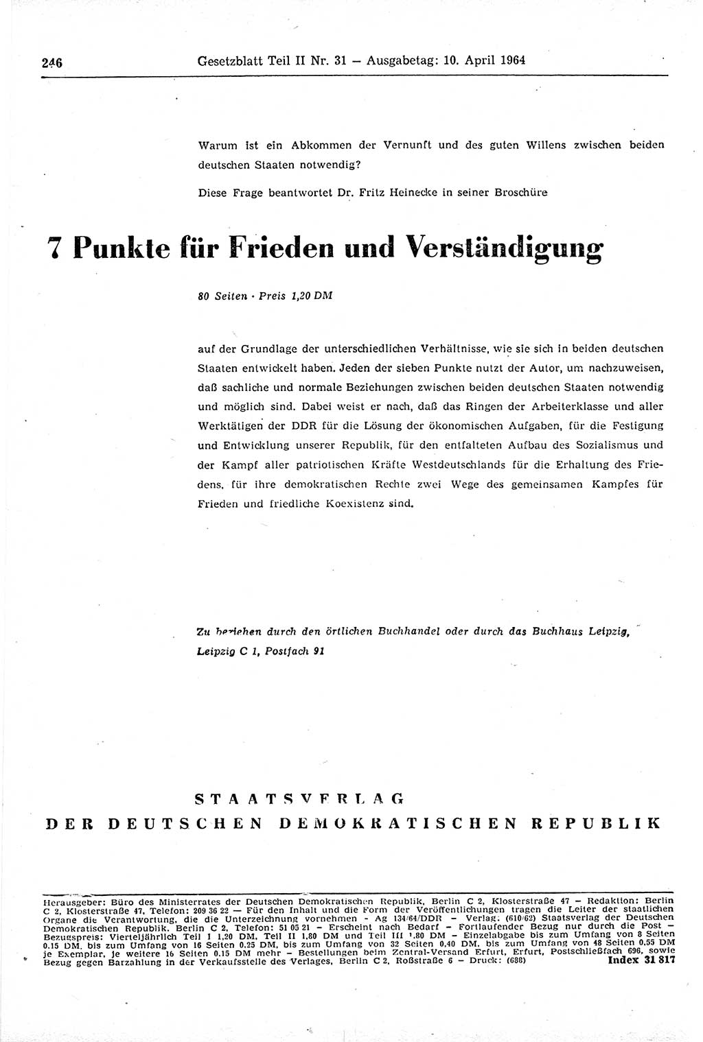 Gesetzblatt (GBl.) der Deutschen Demokratischen Republik (DDR) Teil ⅠⅠ 1964, Seite 246 (GBl. DDR ⅠⅠ 1964, S. 246)