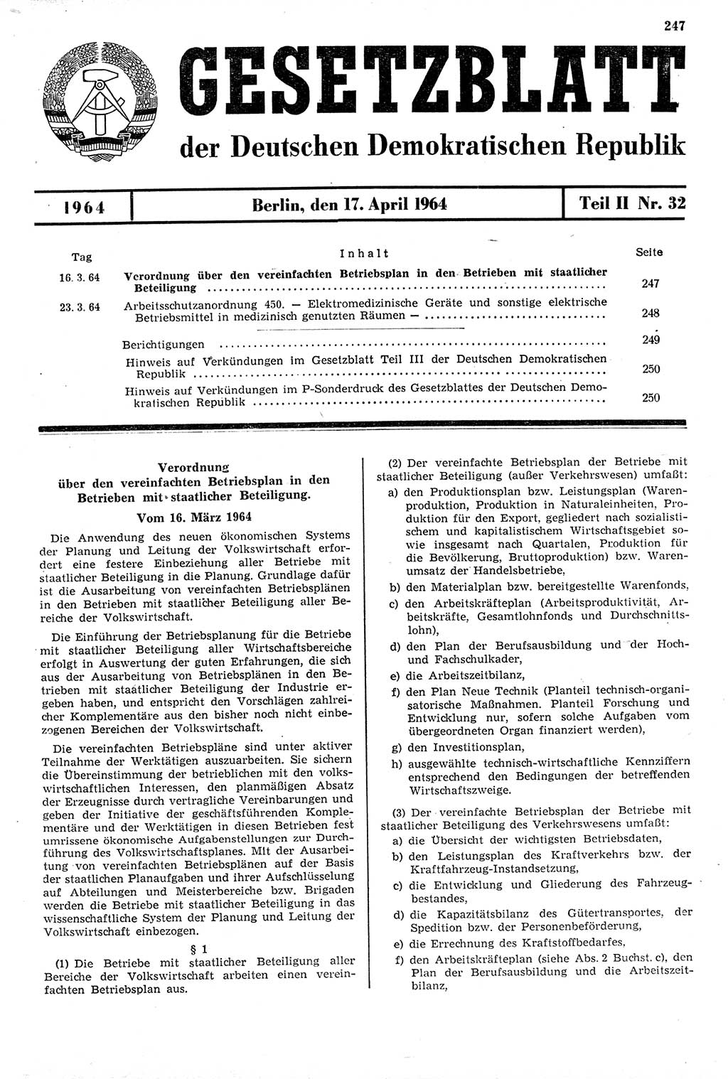 Gesetzblatt (GBl.) der Deutschen Demokratischen Republik (DDR) Teil ⅠⅠ 1964, Seite 247 (GBl. DDR ⅠⅠ 1964, S. 247)