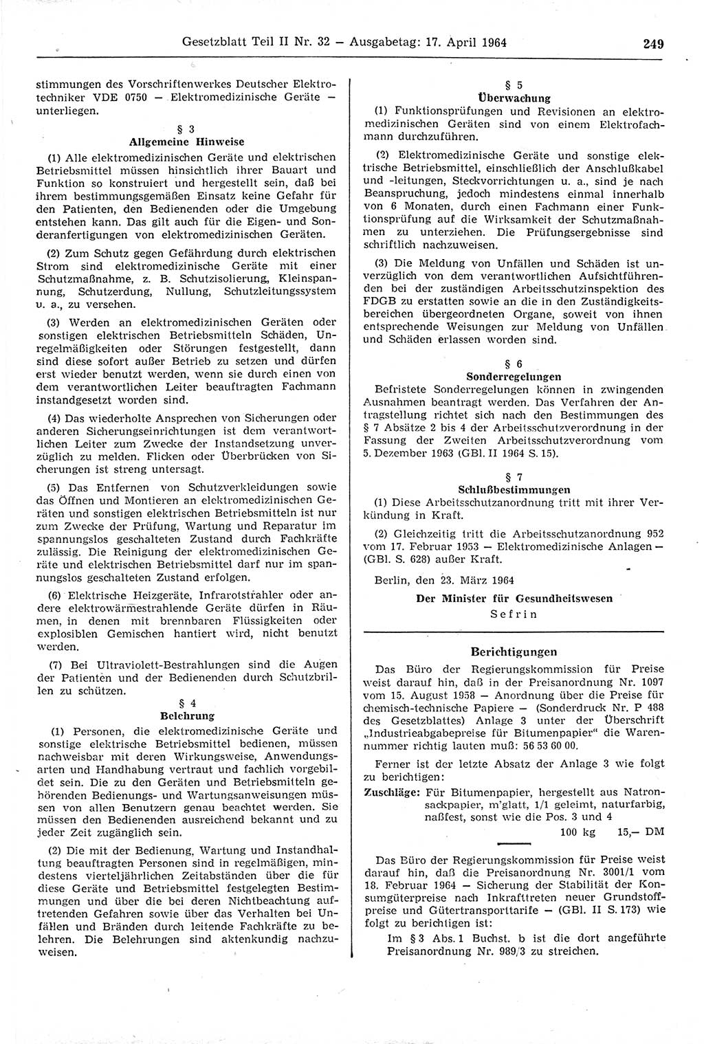 Gesetzblatt (GBl.) der Deutschen Demokratischen Republik (DDR) Teil ⅠⅠ 1964, Seite 249 (GBl. DDR ⅠⅠ 1964, S. 249)