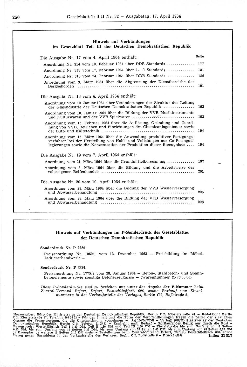 Gesetzblatt (GBl.) der Deutschen Demokratischen Republik (DDR) Teil ⅠⅠ 1964, Seite 250 (GBl. DDR ⅠⅠ 1964, S. 250)