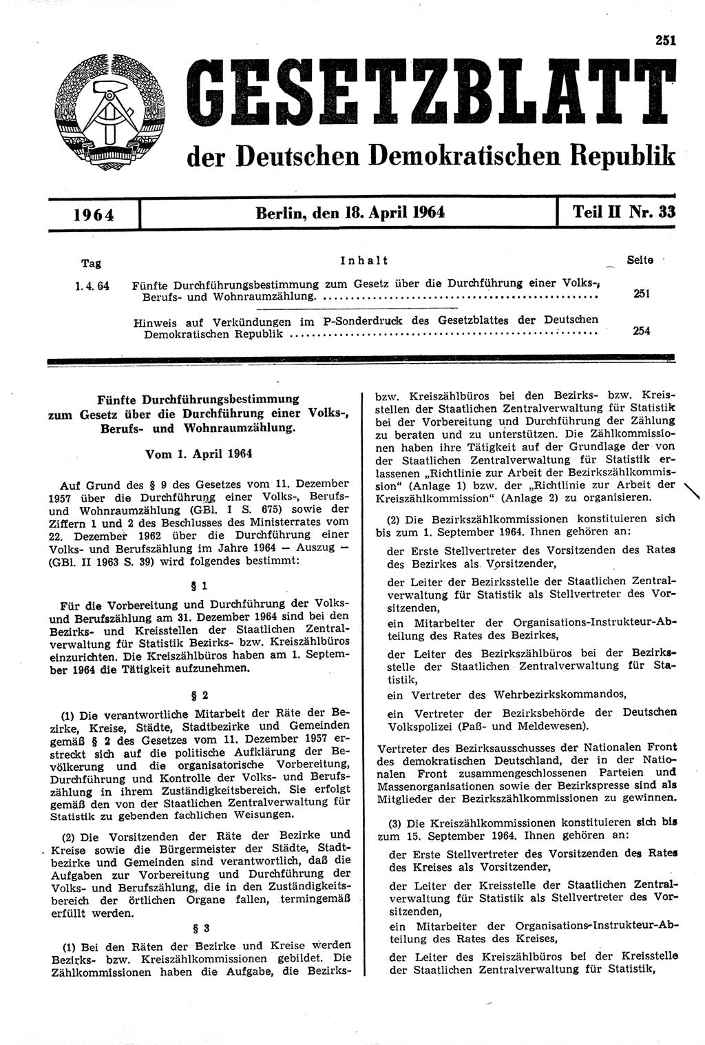 Gesetzblatt (GBl.) der Deutschen Demokratischen Republik (DDR) Teil ⅠⅠ 1964, Seite 251 (GBl. DDR ⅠⅠ 1964, S. 251)