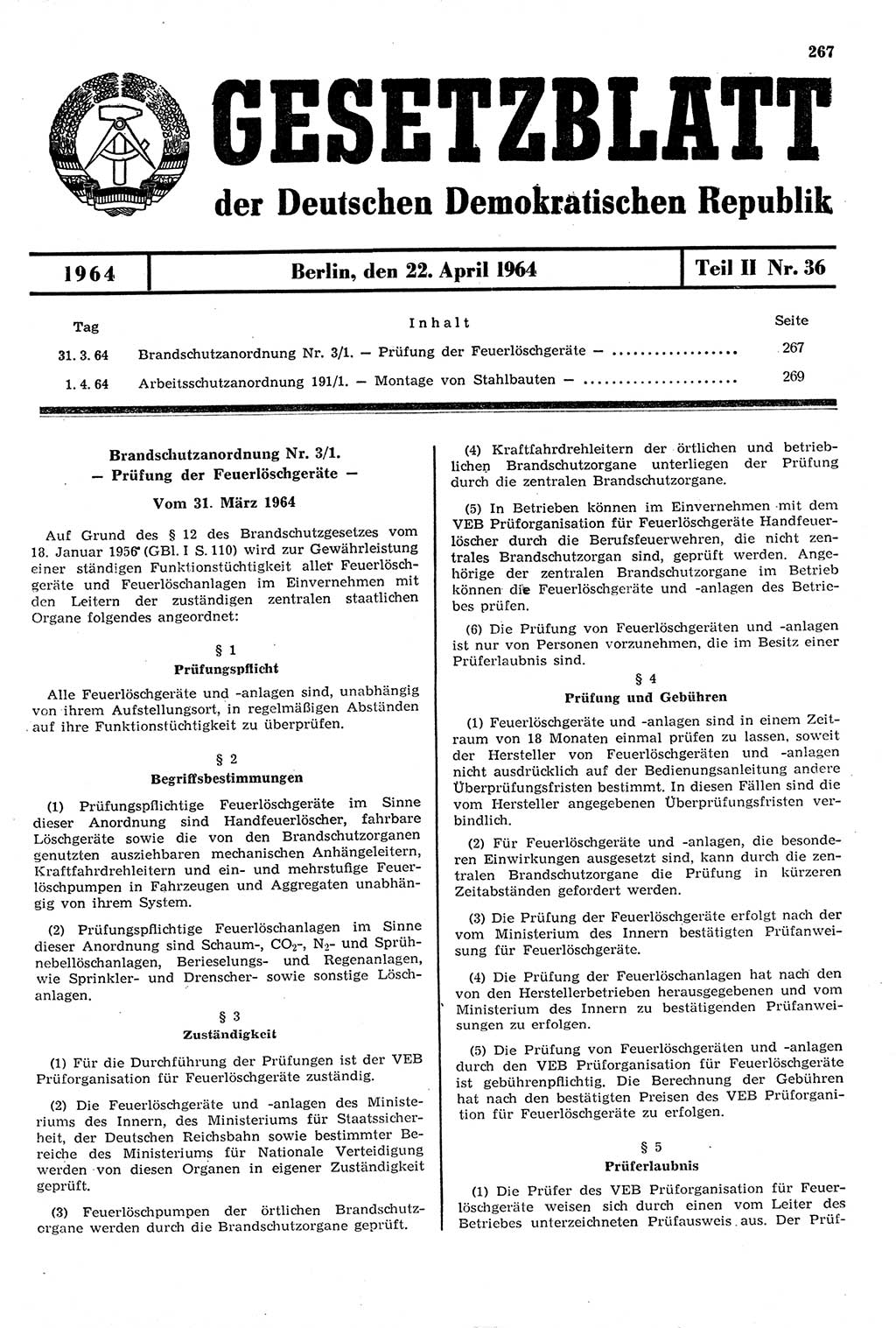 Gesetzblatt (GBl.) der Deutschen Demokratischen Republik (DDR) Teil ⅠⅠ 1964, Seite 267 (GBl. DDR ⅠⅠ 1964, S. 267)